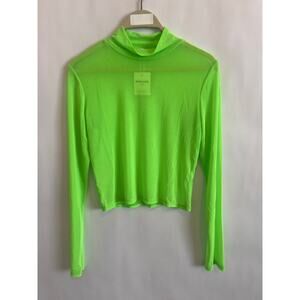 BELLELOVING NEON GREEN SHEER LONG SLEEVE MOCK TURTLENECK CROP TOP SIZE  XL